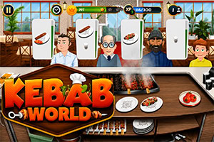 Cartoon kebab restaurant scene with chefs, customers, grilling food, and a large KEBAB WORLD logo