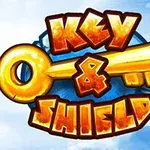 The image features the colorful title Key & Shield, with a prominent golden key graphic, set against a bright, animated background that suggests a playful, adventure-themed atmosphere