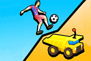 A stylized soccer player in a colorful uniform is poised to kick a soccer ball while a yellow dump truck sits on a sloped surface nearby