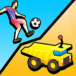 A stylized soccer player in a colorful uniform is poised to kick a soccer ball while a yellow dump truck sits on a sloped surface nearby