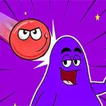 The image features a playful purple character, holding a dessert, next to a red spherical character, set against a vibrant purple background with starburst effects