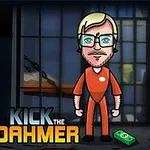 The image features a cartoon character in an orange jumpsuit, standing in a prison cell with bars, while a stack of cash and a bloodstain are visible on the floor, accompanied by the text KICK THE DAHMER