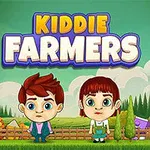 A vibrant, cartoonish image featuring two young characters, a boy and a girl, standing in front of a colorful farm backdrop with various crops and a candy