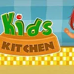 A colorful illustration featuring a cheerful child with red hair, wearing a striped shirt and shorts, standing in a cheerful kitchen setting with the text Kids Kitchen prominently displayed