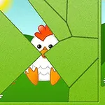 A colorful childrens puzzle featuring a cartoon chicken peeking out from behind green puzzle pieces, set against a sunny landscape with hills and flowers