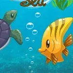 A colorful cartoon scene featuring a green sea turtle and a yellow-striped fish swimming underwater, surrounded by bubbles and aquatic plants