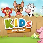 A colorful cartoon scene featuring various animals like a dog, cow, monkey, parrot, and pig, set against a bright blue sky with a fence, highlighting a playful theme suitable for children in a Kids Zoo Farm context