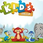 A colorful cartoon ensemble featuring a monkey, elephant, parrot, snake, rhino, and turtle, with the playful title Kids Zoo Fun designed for a childrens game or activity