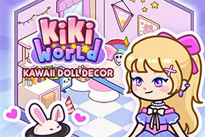 Colorful kawaii-style banner with a blonde cartoon girl, bunny plush, pastel room decor, and KiKi World Kawaii Doll Decor text