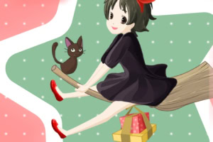 A cute animated girl with a red bow, wearing a black dress and red shoes, rides a broomstick with a black cat and colorful gift boxes against a pastel background