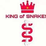 A stylized logo featuring a red crown above the text KING of SNAKES and a white snake entwined around a rod, resembling a caduceus symbol, on a light background