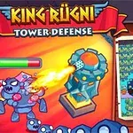 A vibrant game illustration featuring the title King Rügní and visual elements of a tower defense game, including a firing tower, animated characters, and a layout of a game map with various obstacles and paths