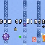 A colorful pixel art scene from Kingdom of Ninja 3, featuring a vibrant blue background, various game elements like a door, treasure chest, and whimsical creatures, emphasizing an adventurous platform gaming experience