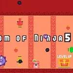 The image features a vibrant, retro-style video game screen titled Kingdom of Ninja 5, showcasing colorful pixelated characters, items, and obstacles set against a bright orange background with a decorative border