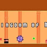 An 8-bit style video game screen featuring the title Kingdom of Ninja, with colorful geometric shapes, a green gem, and a doorway, all set against an orange background