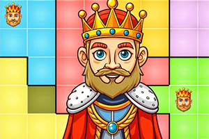Cartoon king with a golden crown and red robe centered against a colorful tiled background with a small crowned face icon on the right