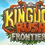 The image features the colorful logo of the game Kingdom Rush Frontiers, displayed against a cartoon-style background with lush greenery and a whimsical design