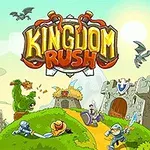 The image features the logo and vibrant artwork of the game Kingdom Rush, showcasing a fantasy landscape with knights, goblins, a castle, and dragons, set against a colorful sky