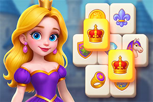 A young girl with long, blonde hair wearing a purple dress and a crown, standing next to a colorful arrangement of tiles featuring crowns, jewelry, and equestrian motifs