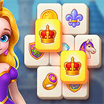 A young girl with long, blonde hair wearing a purple dress and a crown, standing next to a colorful arrangement of tiles featuring crowns, jewelry, and equestrian motifs