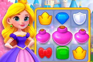 A princess character with long blonde hair stands next to a colorful game board featuring various matching items like crowns, gems, and potions against a castle background