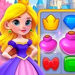 A princess character with long blonde hair stands next to a colorful game board featuring various matching items like crowns, gems, and potions against a castle background