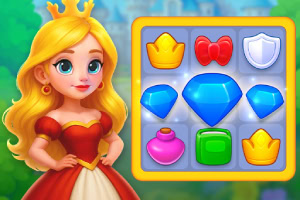 A smiling princess with long blonde hair wearing a red dress stands next to a grid of colorful game pieces, including crowns, bows, shields, and gems, set against a soft, vibrant background