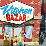 A colorful animated storefront labeled Kitchen Bazar, featuring a diverse group of cartoon characters standing outside, set against a brick building backdrop