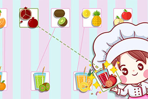 Cute cartoon chef girl holding a fruit drink, surrounded by floating fruit icons on a pastel striped background