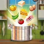 A vibrant kitchen scene featuring a silver pot with various ingredients, including a tomato, cheese, bacon, and vegetables, floating above it in a burst of light