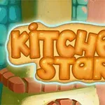 A colorful and playful logo for Kitchen Star, featuring stylized, bubbly letters against a vibrant kitchen-themed background