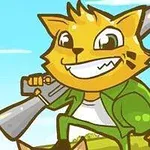 A cheerful cartoon cat in a green outfit holds a rifle, standing confidently on one leg against a bright blue sky and grassy background