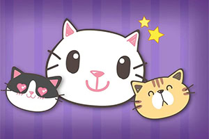 Three stylized, cartoonish cat faces on a purple striped background, featuring a white cat with a smiling expression, a black and white cat with heart-shaped eyes, and a yellow-brown tabby cat, all adorned with decorative stars