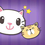 Three stylized, cartoonish cat faces on a purple striped background, featuring a white cat with a smiling expression, a black and white cat with heart-shaped eyes, and a yellow-brown tabby cat, all adorned with decorative stars