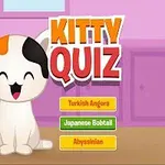 A cheerful cartoon cat with orange and black markings is featured in the Kitty Quiz game interface, surrounded by colorful buttons for different cat breeds and stars, set against a light pink kitchen background