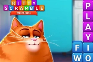 A cartoon orange cat with a relaxed expression is featured alongside colorful letter blocks in the game Kitty Scramble: Word Stacks