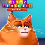 A cartoon orange cat with a relaxed expression is featured alongside colorful letter blocks in the game Kitty Scramble: Word Stacks