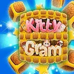 The image features the colorful title Kitty Gram, designed in playful pink and white fonts, surrounded by cartoonish 3D candy and chocolate pieces against a bright blue background with sparkling effects