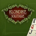 A digital representation of the game Klondike Solitaire featuring a decorative title and displaying playing cards, including a King of Spades, Queen of Hearts, Jack of Clubs, and numbered cards, all set against a green background