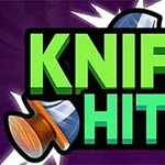 The image features the logo for Knife Hit 2, showcasing bold green and red text with a dynamic design, set against a vibrant purple background, accompanied by graphic elements resembling knives and targets