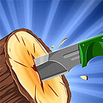 A green-handled knife is embedded in a wooden log, with dynamic blue rays radiating from behind, emphasizing the impact