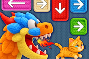 Colorful cartoon dragon breathing fire near an orange cat with bright arrow buttons in the background
