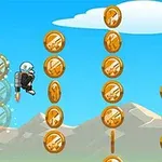 A cartoon character wearing a jetpack jumps among vertical stacks of shiny gold coins against a bright blue sky and mountains in the background