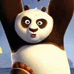 A surprised cartoon panda with large round eyes and a white and black fur pattern is raising its arms in excitement against a scenic background