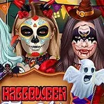 Three women in elaborate Halloween costumes featuring colorful makeup and accessories, with designs including a skull, green monster face, and vampire look, set against a festive backdrop with Halloween decorations
