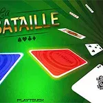 The image features a vibrant green background with the title La Bataille prominently displayed, flanked by blue and red card shapes, alongside various playing cards in a dynamic layout, suggesting a card game theme