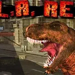 A fierce T-Rex roaring amidst a cityscape, featured in the title screen for the game L