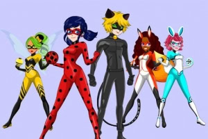 A group of five colorful animated superheroes, including a girl in a red spotted costume (Ladybug), a boy in a black suit (Cat Noir), and various others in unique outfits, showcasing distinct powers and themes against a light purple background