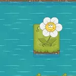 A cheerful cartoon flower with a smiling face is floating on a small patch of grass in a blue river, surrounded by water