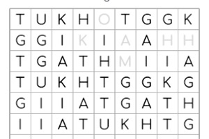 A grid filled with letters arranged in rows and columns, with some letters appearing in a lighter shade, suggesting a puzzle or word search format